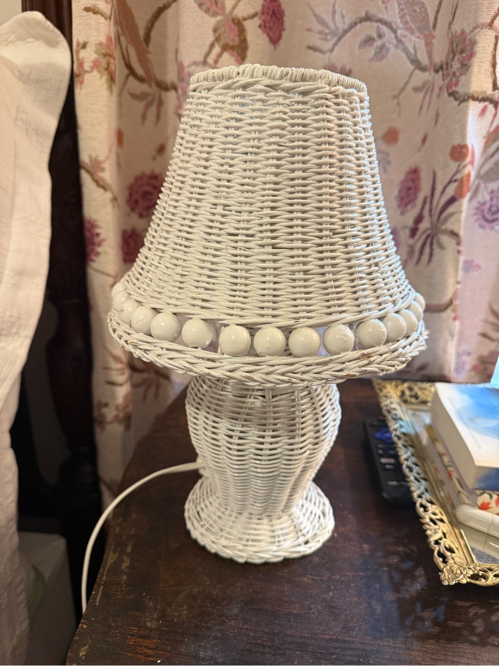 White Wicker Table Lamp with Bead Trim - Home Accents